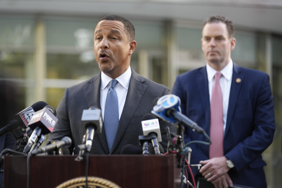 United States Attorney for the Eastern District of New York Breon Peace talks to reporters after Frank James was sentenced in New York, Thursday, Oct. 5, 2023. James, the man who wounded 10 people in a rush-hour subway shooting in New York City last year, has been sentenced to life in prison. (AP Photo/Seth Wenig)