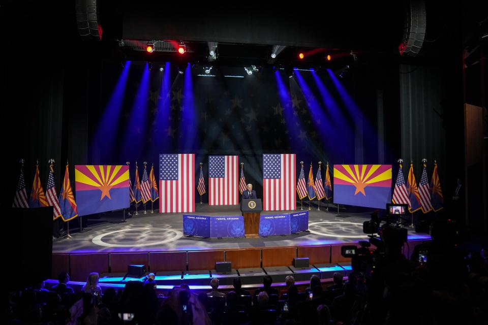 President Joe Biden speaks during a visit to the Tempe Center for the Arts on Sept. 28, 2023.