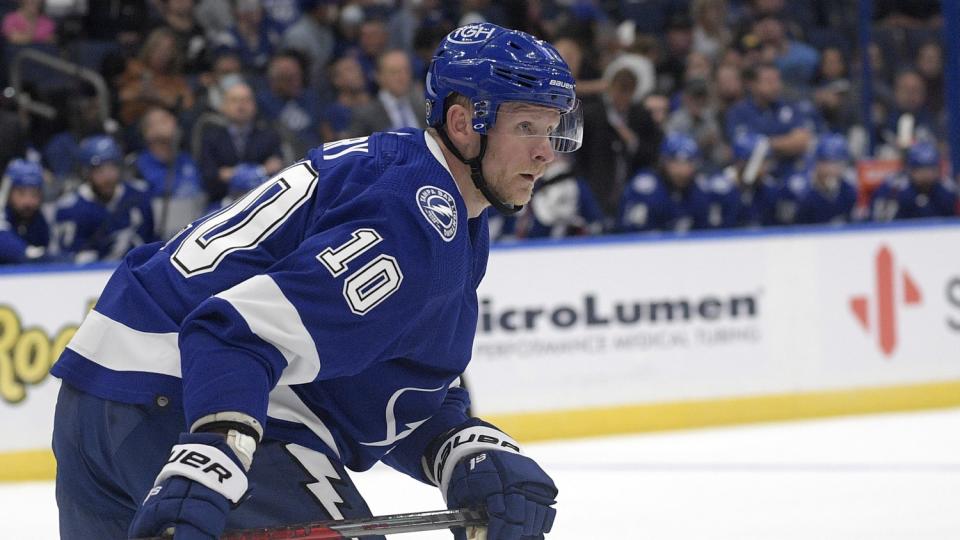 Tampa Bay right wing Corey Perry follows a play during a preseason game against the Florida Panthers on Oct. 7 in Tampa, Fla.