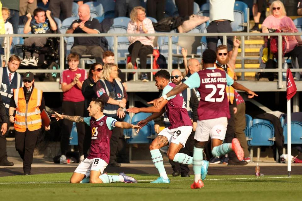 Burnley’s Josh Brownhill celebrates scoring a stoppage-time winner against Portsmouth on Saturday