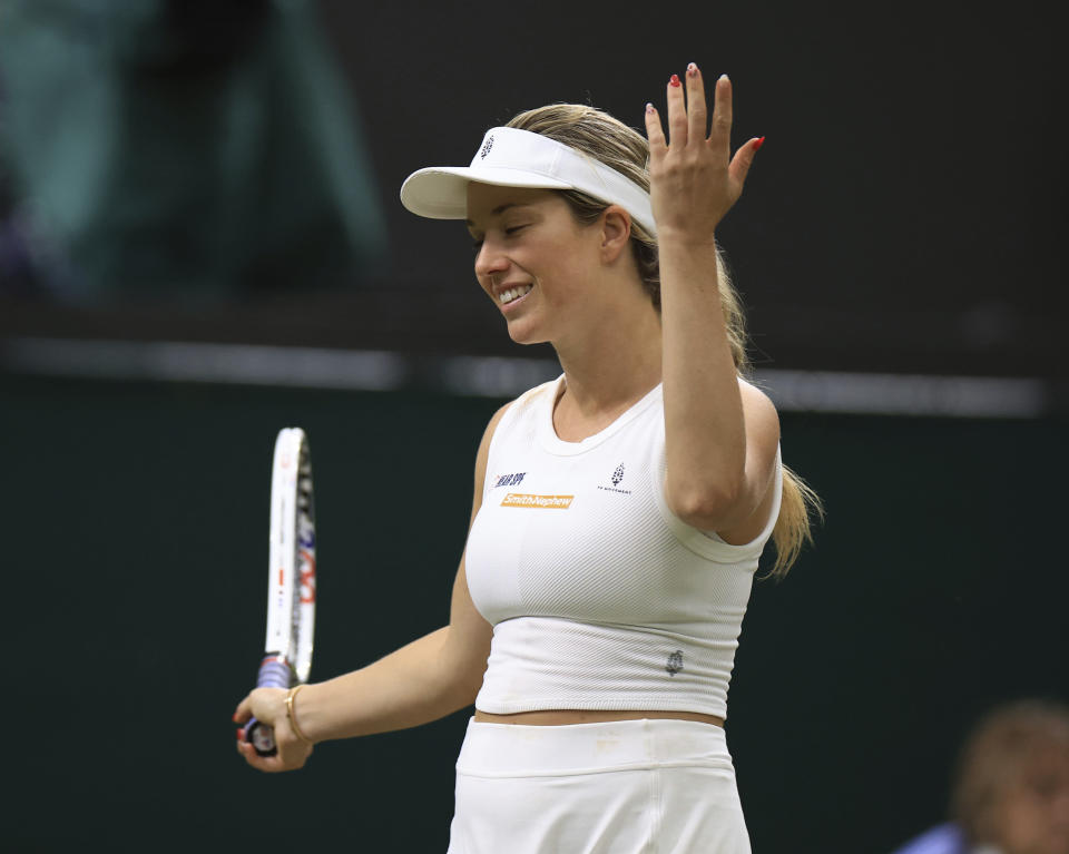 Danielle Collins of United States reacts during the ladies' singles 4th round match against Barbora Krejcikova of Russia on the day 8 of the Wimbledon tennis championships at All England Lawn Tennis and Croquet Club in London, United Kingdom on July 8, 2024.( The Yomiuri Shimbun via AP Images )