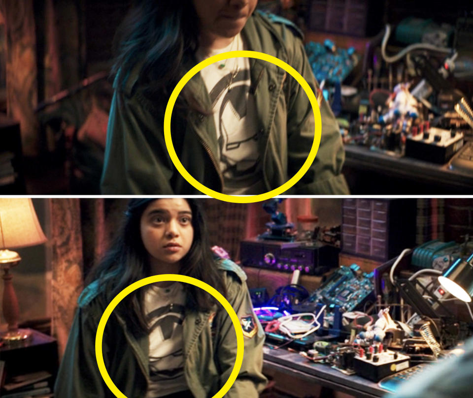 A close-up of Kamala wearing a white and grey Iron Man shirt