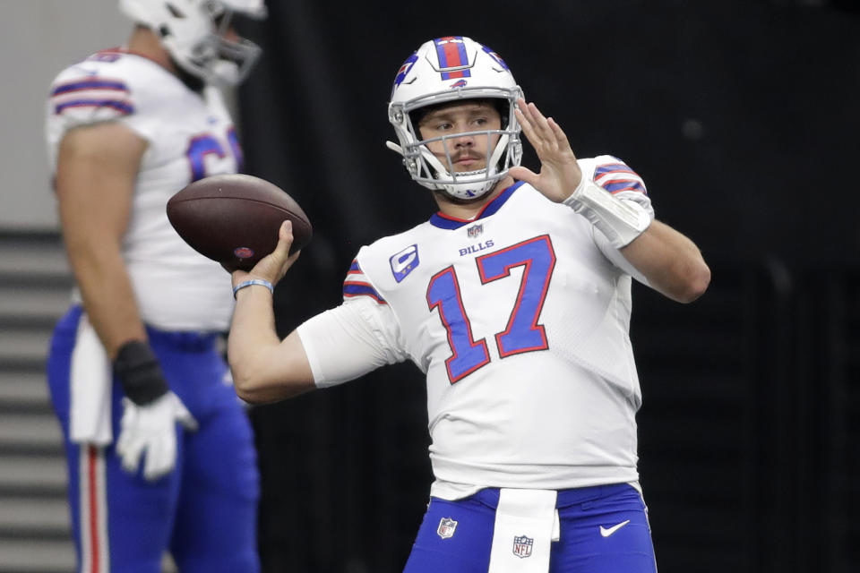 Buffalo Bills quarterback Josh Allen (17) warms up before an NFL football game against the Las Vegas Raiders, Sunday, Oct. 4, 2020, in Las Vegas. (AP Photo/Isaac Brekken)