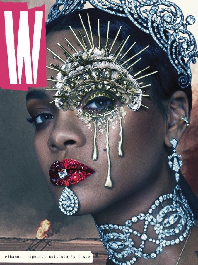 <p>As the world burns behind her, the pop singer stays fierce and fabulous, dripping in gold and jewels in a postapocalyptic setting. <i>W’</i>s Edward Enninful styled Rih for the Steven Klein images, and Pat McGrath lent her talents to create this stunning makeup look. <i>(Photo: Steven Klein for W magazine)</i><br></p>