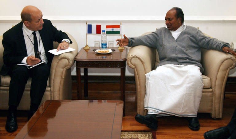 French Defence Minister Jean-Yves le Drian (L) meets with his Indian counterpart AK Anthony at South Block in New Delhi on February 14, 2013 during the two-day state visit by French President Francois Hollande