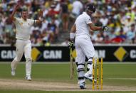 England's Kevin Pietersen looks at the stumps after he was bowled out by Australia's Peter Siddle (L) during the fourth day of the second Ashes test cricket match at the Adelaide Oval December 8, 2013.