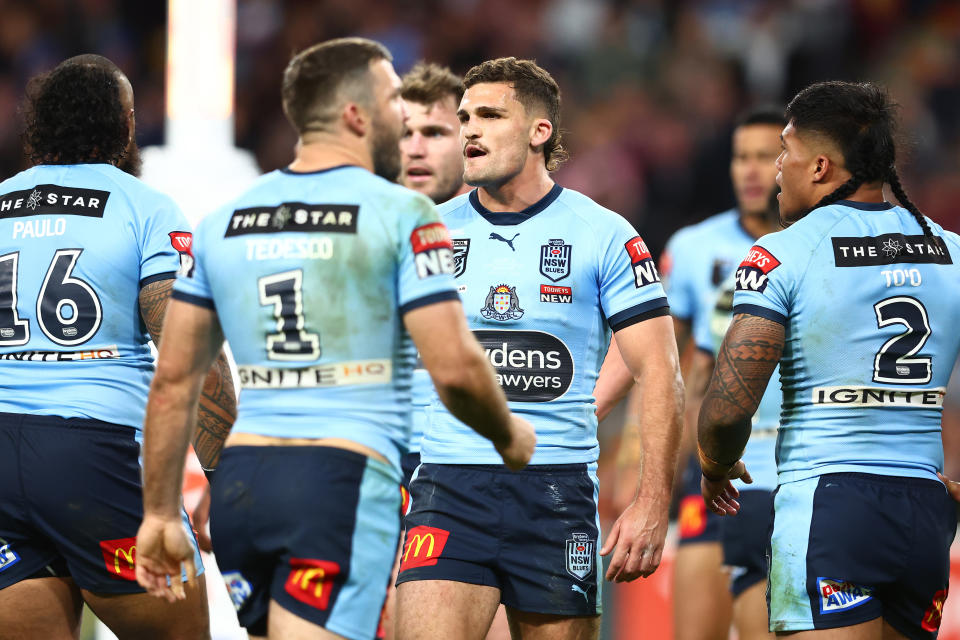 NSW players, pictured here during State of Origin III at Suncorp Stadium.