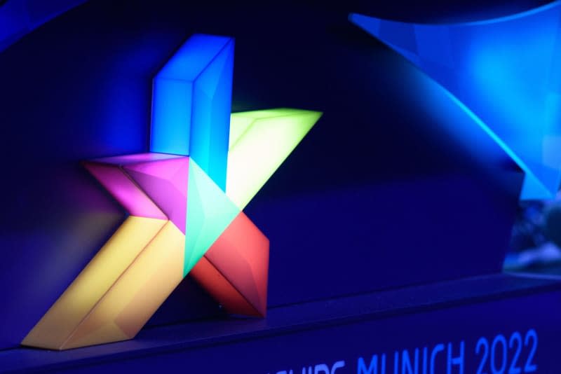 The glowing logo of the European Championships is pictured during the 2024 European Championships Table Tennis event at the Rudi-Sedlmayer-Halle. The 2025 European championships in artistic gymnastics will not be held in Tel Aviv, Israel as originally planned, organizers European Gymnastics said on Monday. Sven Beyrich/dpa