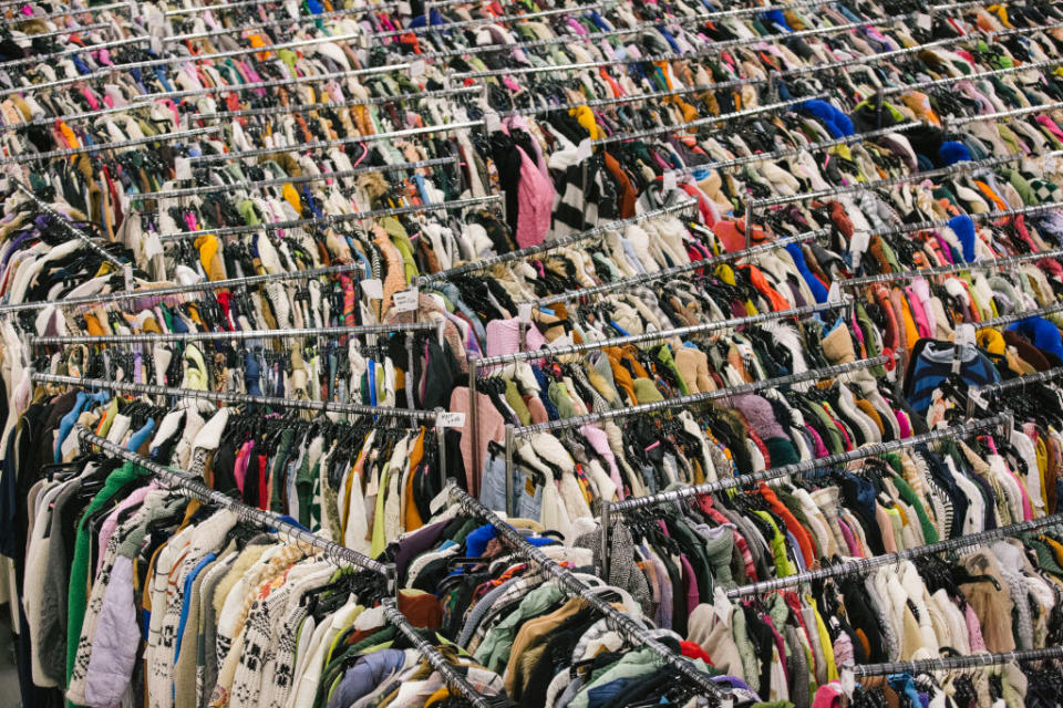 Racks of clothing at the Nuuly warehouse in Levittown, Pa., on Mar. 13, 2023.<span class="copyright">Michelle Gustafson/Bloomberg—Getty Images</span>
