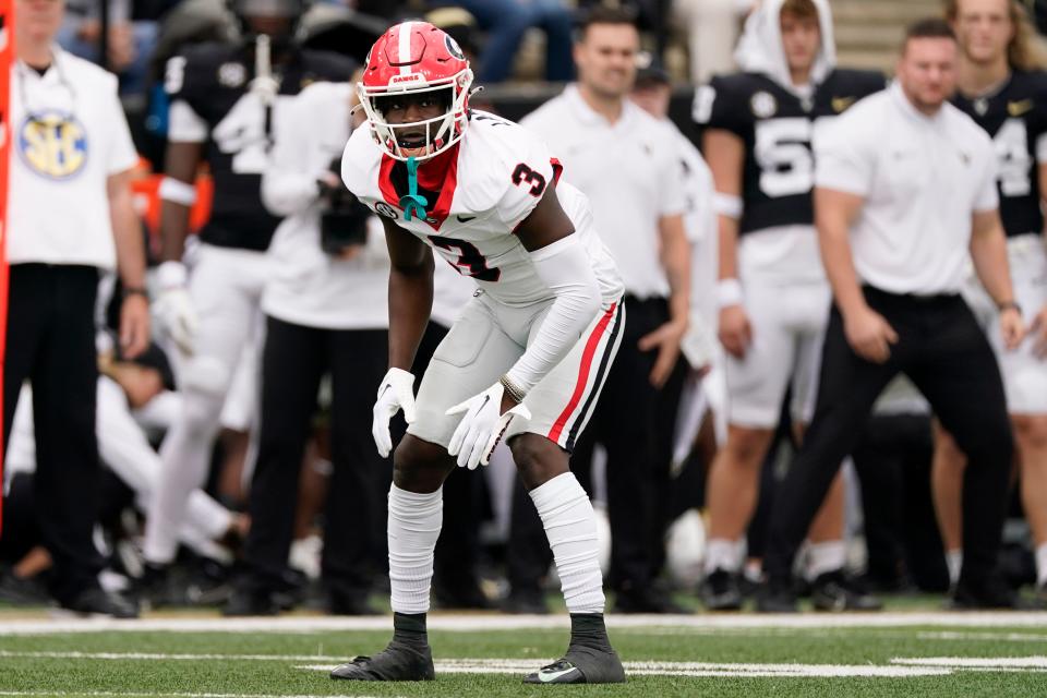 Georgia defensive back Kamari Lassiter (3) plays against Vanderbilt in the first half of an NCAA college football game Saturday, Oct. 14, 2023, in Nashville, Tenn.