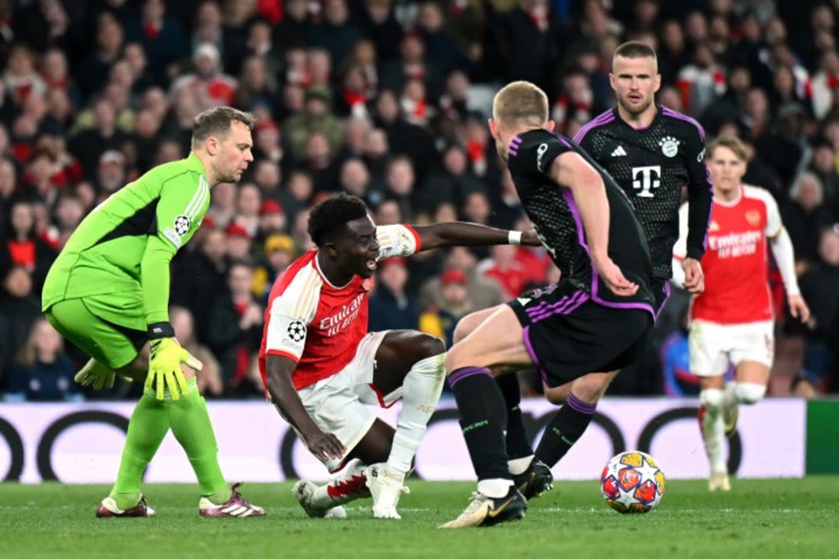 Controversy: Bukayo Saka was denied a last-gasp penalty as Arsenal drew with Bayern Munich on Tuesday (Getty Images)