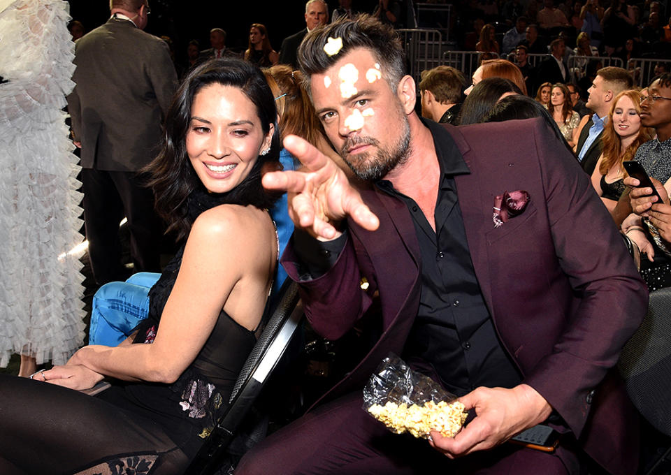 <p>Popcorn, anyone? Josh Duhamel cracked up fellow Billboard Music Awards presenter Olivia Munn when he flicked a few kernels at the camera. (Photo: Kevin Mazur/BBMA2017/Getty Images for dcp) </p>