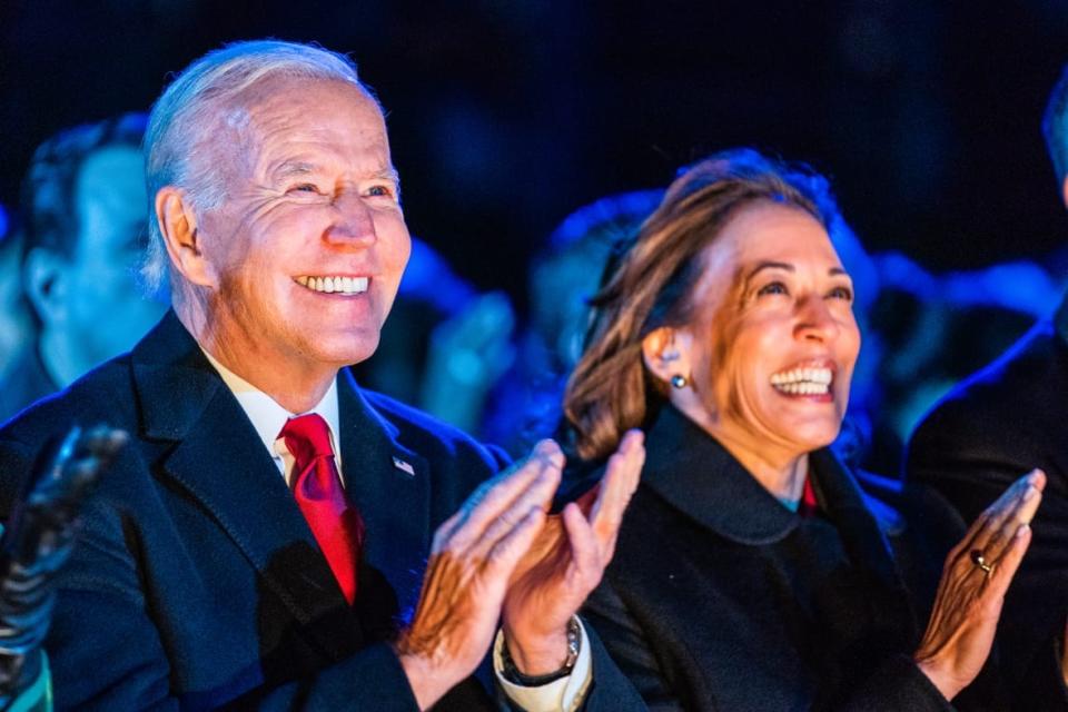 US President Joe Biden and Vice President Kamala Harris during the 100th National Christmas Tree Lighting Ceremony at The Ellipse of the White House on Wednesday November 30, 2022. (Photo by Demetrius Freeman/The Washington Post via Getty Images) US President Joe Biden and Vice President Kamala Harris during the 100th National Christmas Tree Lighting Ceremony at The Ellipse of the White House on Wednesday November 30, 2022. (Photo by Demetrius Freeman/The Washington Post via Getty Images)