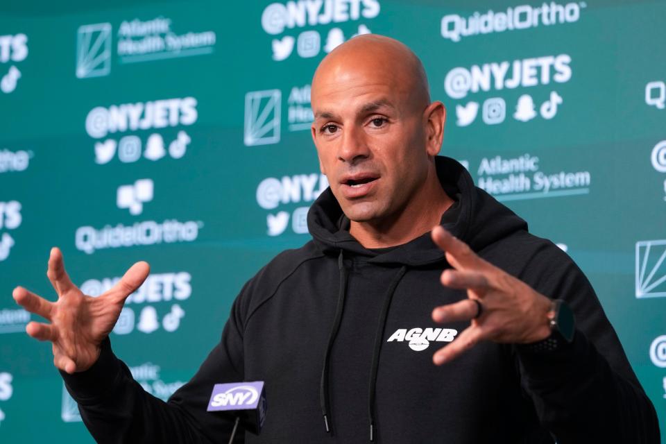 New York Jets head coach Robert Saleh talks to reporters at the NFL football team's training facility in Florham Park, N.J., Wednesday, May 31, 2023.