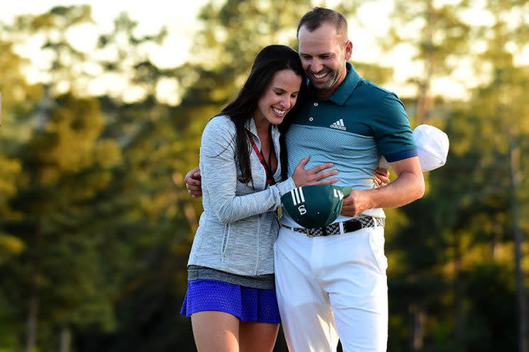 Pro golfer Sergio Garcia and his fiancée, Angela Akins, at the 2017 Masters Tournament at Augusta National Golf Club on April 9, 2017. (Photo: Getty Images)