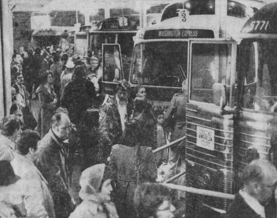Travelers filled the busses leaving the Greyhound bus station to head home for the Thanksgiving holiday in 1973.