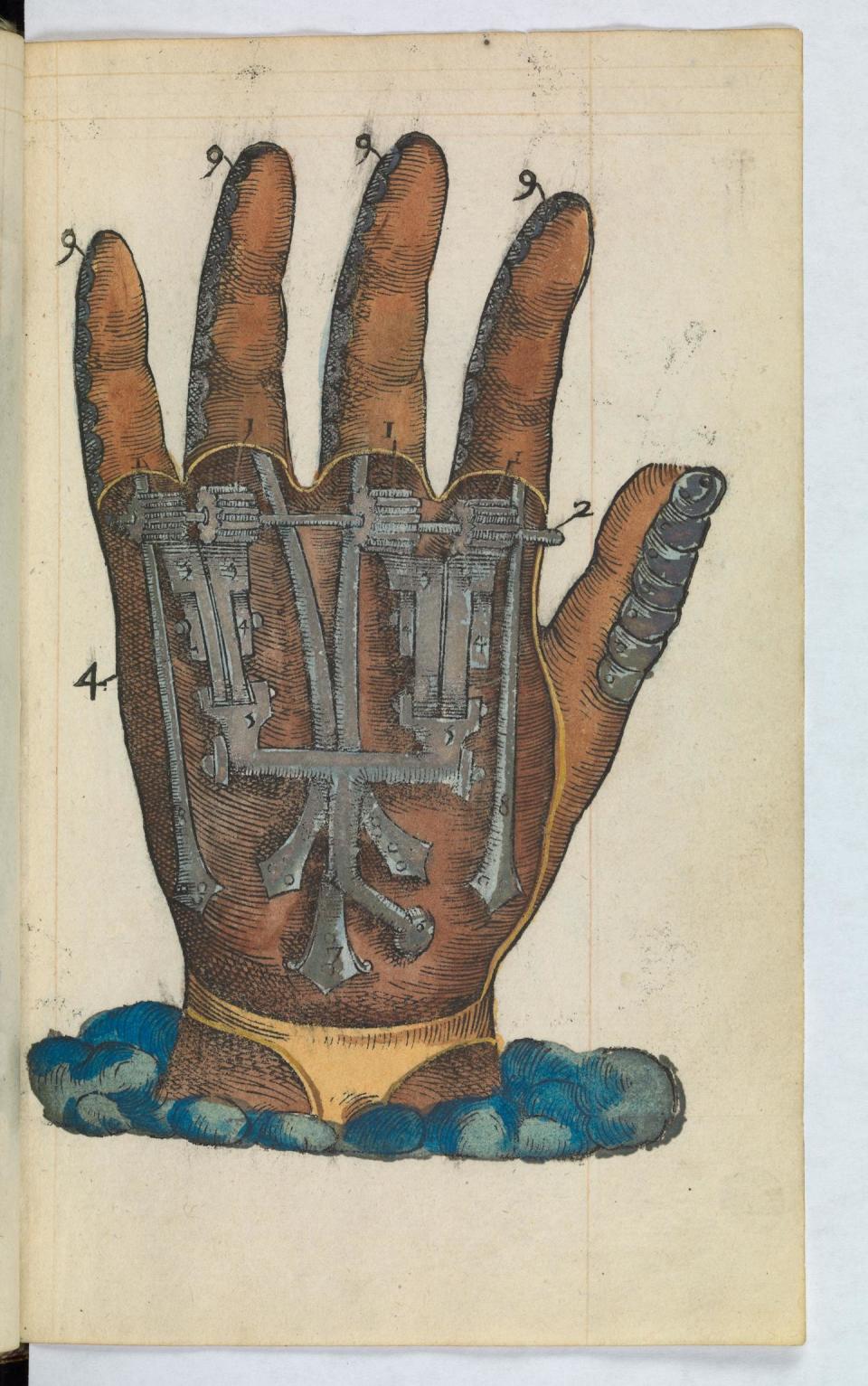Illustration of mechanical iron hand, cross-sectioned to reveal the gears beneath the flesh