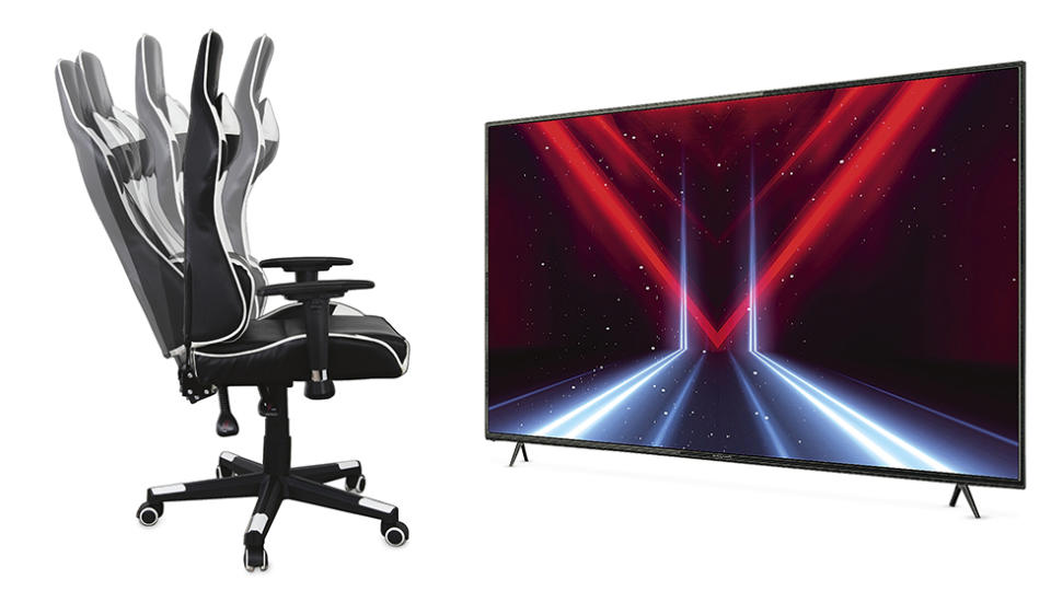 Product images of Aldi's $149 Gaming Chair (left) and the Bauhn 65” UHD Smart TV