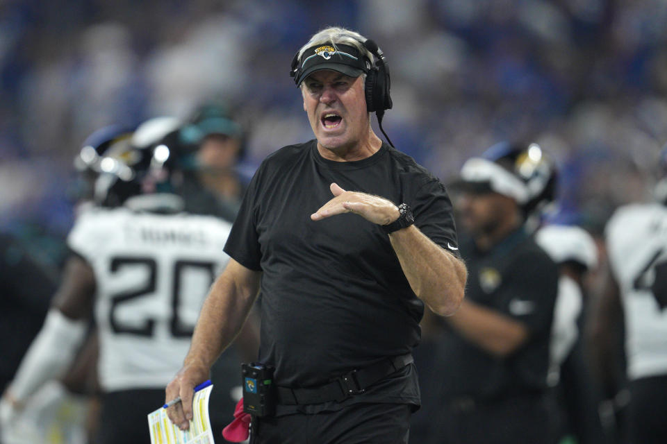 Jacksonville Jaguars head coach Doug Pederson is seen during the first half of an NFL football game against the Indianapolis Colts Sunday, Sept. 10, 2023, in Indianapolis. (AP Photo/Jeff Dean)