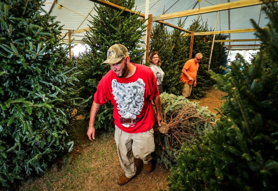 Brandon Sawyer drags a Christmas tree for customers Trish and Jason Sander, right, on Dec. 1 at The Christmas Tree Guy stand next to Zaxby's on Southwest 27th Avenue in Ocala. While big box stores like Home Depot are not experiencing shortages or delivery issues, Brad Helton, owner of The Christmas Tree Guy stand, said smaller operations are experiencing shortages. He dropped from three selling sites to two this year. "I'll be out of stock in the next week. Normally we have three lots, but this year we can only do two because they're (Christmas trees) physically not available," Helton said. In 2008, during the financial downturn, tree farms in North Carolina did not plant enough trees, and those trees are now matured and being harvested this year.