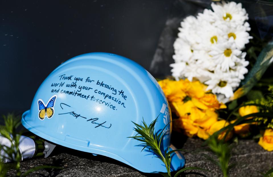 A Habitat for Humanity hardhat left by CEO Jonathan Reckford as a memorial to late US First Lady Rosalynn Carter at the Jimmy Carter Presidential Library and Museum in Atlanta, Georgia, USA, 28 November 2023 (EPA)