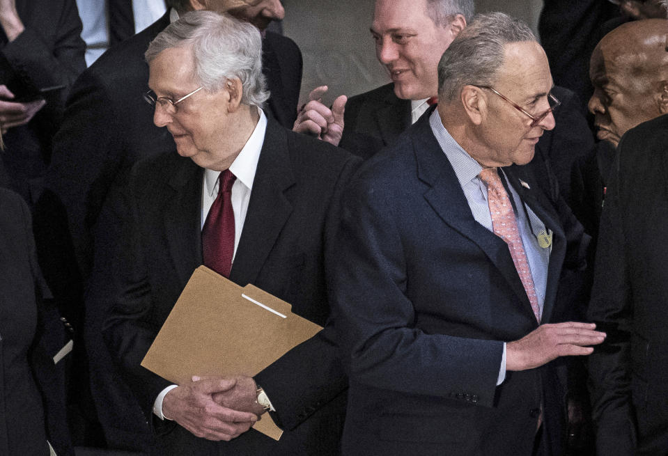 Senate Majority Leader Mitch McConnell and Senate Minority Leader Chuck Schumer before a memorial service for Rep. Elijah Cummings, D-Md., at the U.S. Capitol on Oct. 24, 2019. (Erin Schaff / AP file)