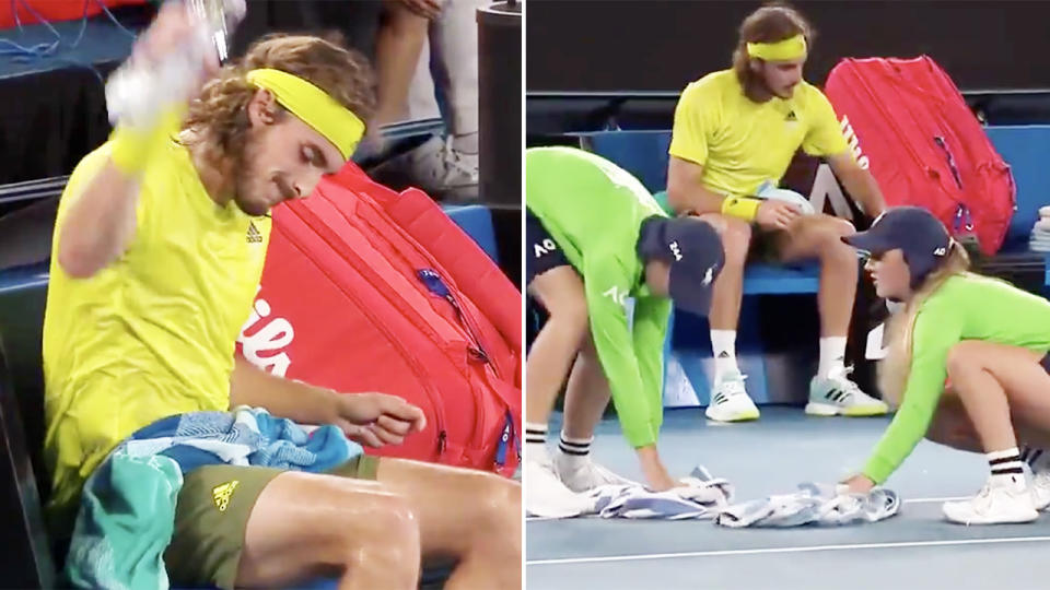 Stefanos Tsitsipas, pictured here watching on as ball kids cleaned up his mess.