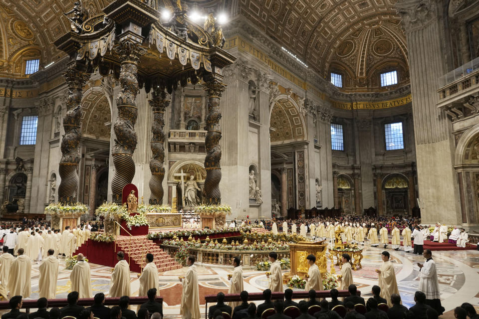 Pope Francis presides over an Epiphany mass in St.Peter's Basilica, at the Vatican, Saturday, Jan. 6, 2024. (AP Photo/Andrew Medichini)