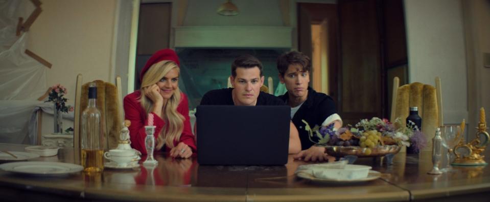 A hitman (Greg Finley, center) helps a stepmother (Eliza Coupe) and a spoiled son (Chris Baker) plan a murder in the dark comedy "The Estate."