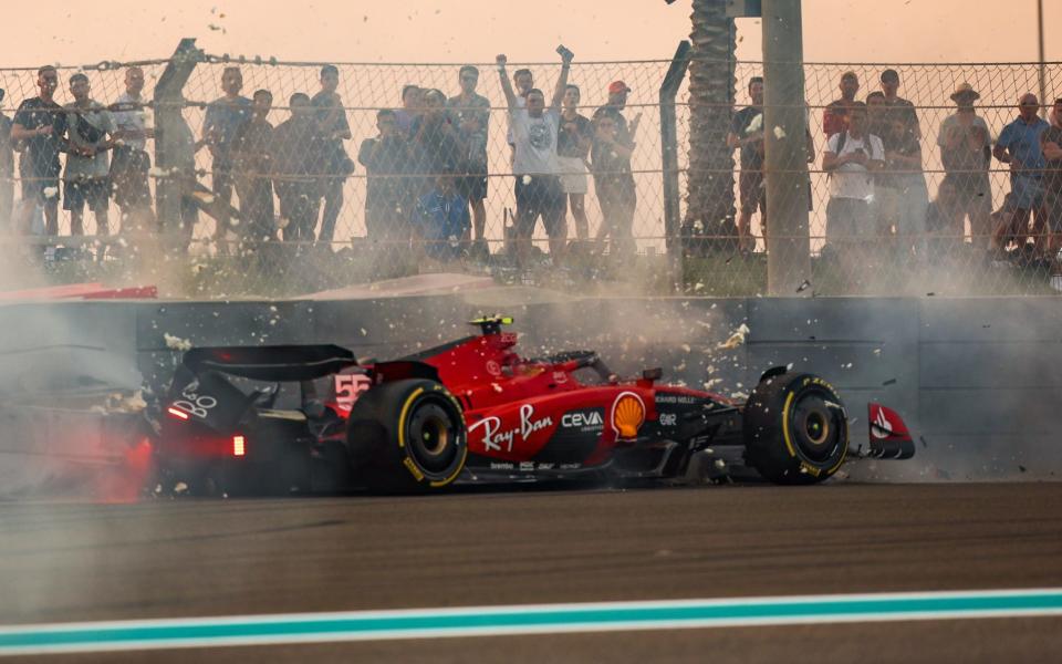 Carlos Sainz of Spain and Scuderia Ferrari crashes during practice ahead of the F1 Grand Prix of Abu Dhabi at Yas Marina Circuit on November 24, 2023 in Abu Dhabi, United Arab Emirates