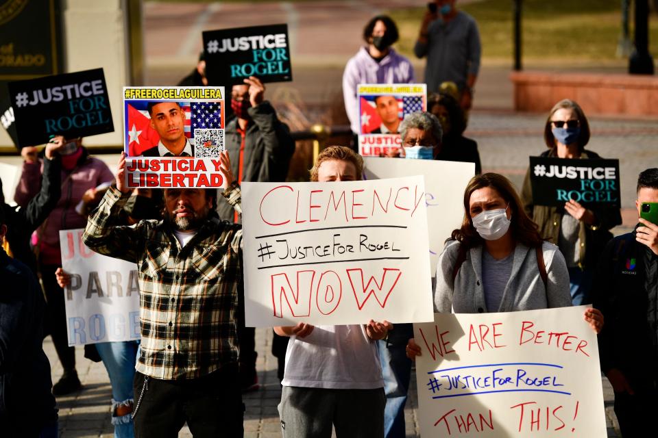 Supporters of truck driver Rogel Aguilera-Mederos rally on Dec. 22, 2021, in Denver.