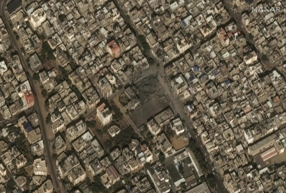 This image provided by Maxar Technologies, shows the destroyed Al-Sousi Mosque in Gaza, Tuesday Oct. 10, 2023. / Credit: Satellite image ©2023 Maxar Technologies via AP