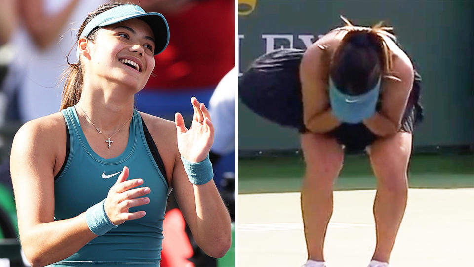 Emma Raducanu applauds the crowd and Raducanu celebrates after her win at Indian Wells.