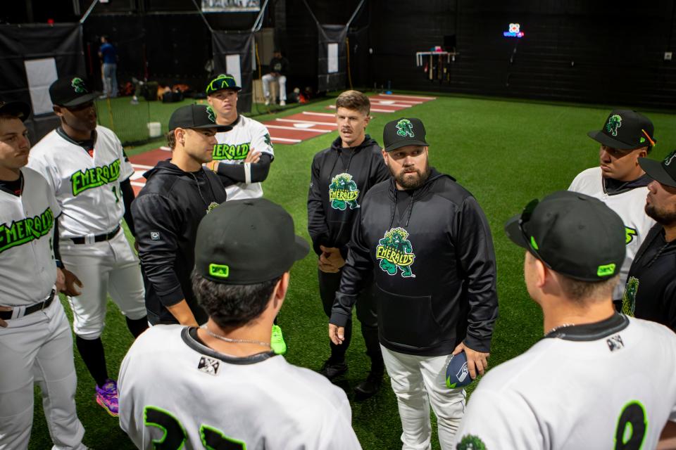 Emeralds manager Jeremiah Knackstedt talks with his team during the Eugene Emeralds media day April 3 in Eugene.