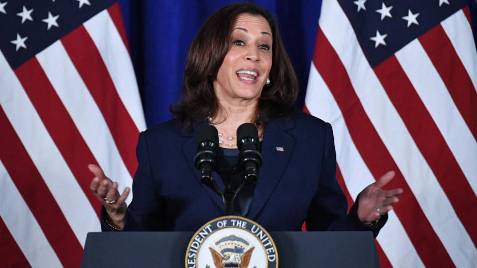 US Vice President Kamala Harris speaks on voting rights at the Louis Stokes Library of Howard University in Washington, DC on July 8, 2021. (Mandel Ngan/AFP via Getty Images)