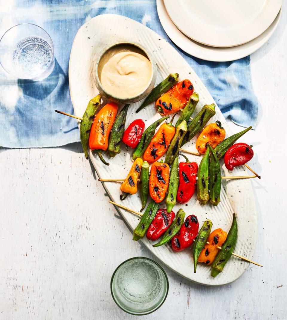 Grilled Okra-and-Pepper Skewers with Dijon Dipping Sauce