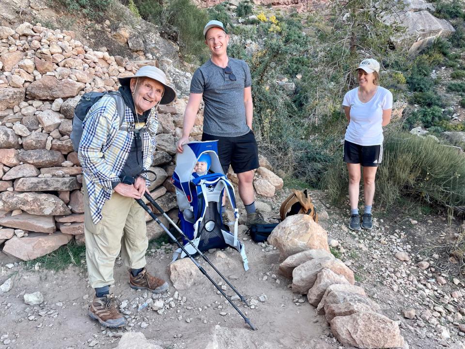Alfredo Aliaga, 92, with a family inspired by his 24-mile hike of the Grand Canyon on Oct. 14 and 15, 2023.