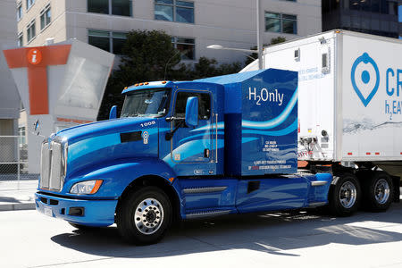 FILE PHOTO: A Toyota Project Portal hydrogen fuel cell electric semi-truck is shown during an event in San Francisco, California, U.S., September 13, 2018. REUTERS/Stephen Lam/File Photo