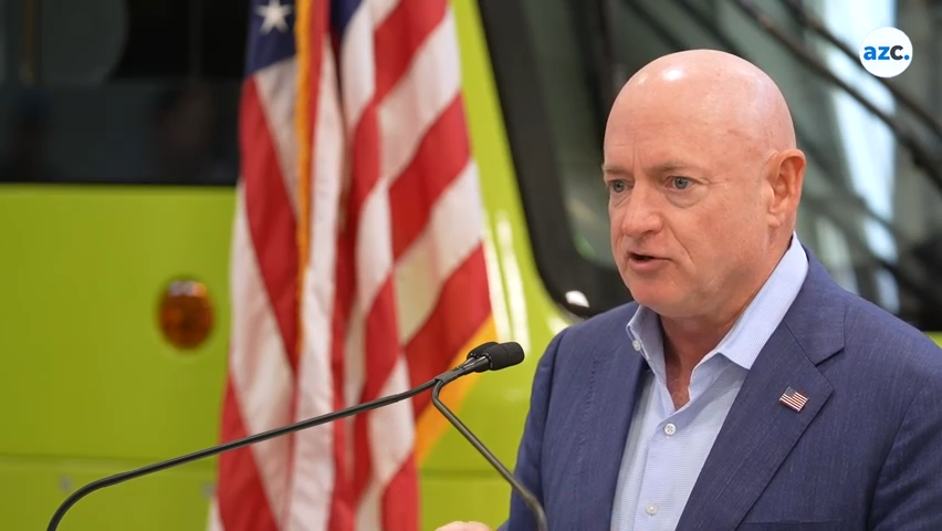 Sen. Mark Kelly, Phoenix Mayor Kate Gallego and Valley Metro CEO Jessica Mefford-Miller speak about the Inflation Reduction Act at the Valley Metro maintenance center on Aug. 2, 2023.