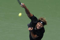 Alexander Zverev, of Germany, serves to Sam Querrey, of the United States, during the first round of the US Open tennis championships, Tuesday, Aug. 31, 2021, in New York. (AP Photo/John Minchillo)