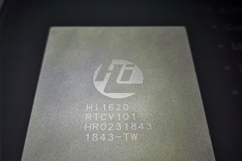 FILE PHOTO: Kunpeng 920 chip designed by Huawei's Hisilicon subsidiary bearing the internal name of Hi1620 is on display during a launch event at the Huawei's headquarters in Shenzhen
