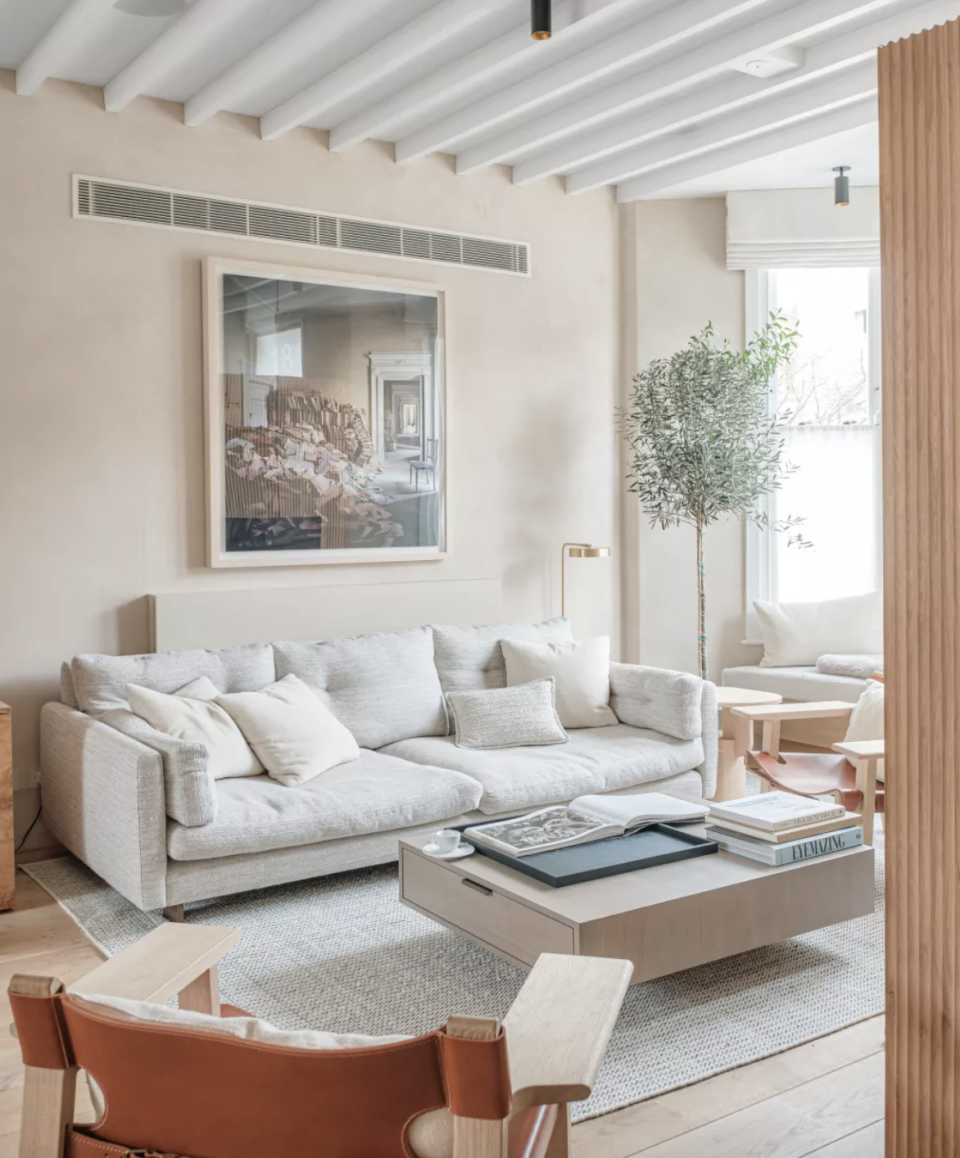 scandi living room with grey sofa, photo James Merrell