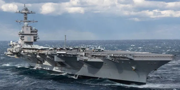 The aircraft carrier USS Gerald R. Ford (CVN 78) transits the Atlantic Ocean, March 26, 2022.