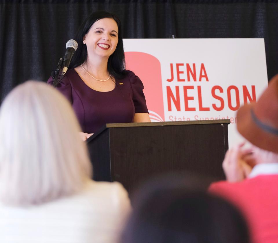Jena Nelson, the former Oklahoma Teacher of the Year, announces her candidacy as a Democrat in the 2022 election for state schools superintendent, Thursday, March 31, 2022. 