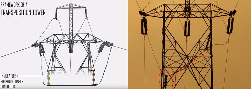 Diferencias entre una torre con un correcto aislamiento y mantenimiento (izda) y la torre que originó el incendio (dcha)