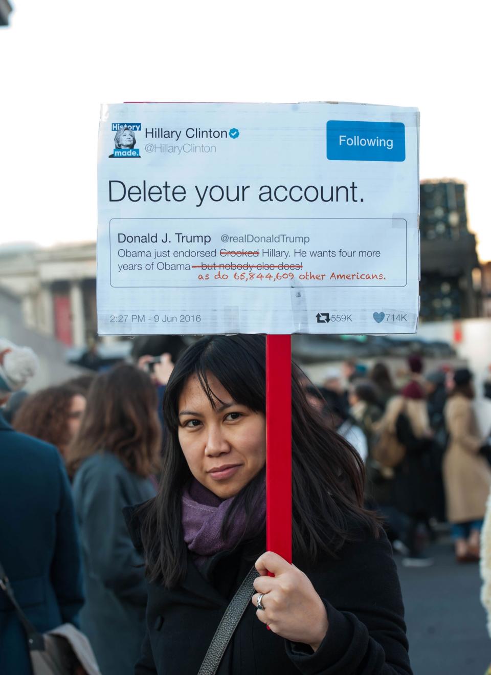 <p>A protester makes their way through the streets of London during the Women’s March on January 21, 2017 in London, England. The Women’s March originated in Washington DC but soon spread to be a global march calling on all concerned citizens to stand up for equality, diversity and inclusion and for Women’s rights to be recognised around the world as human rights. Global marches are now being held, on the same day, across seven continents. (Michael Tubi/Corbis via Getty Images) </p>