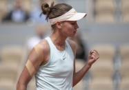 May 27, 2019; Paris, FRANCE; Veronica Kudermetova (RUS) reacts during her match against Caroline Wozniacki (DEN) on day two of the 2019 French Open at Stade Roland Garros. Mandatory Credit: Susan Mullane-USA TODAY Sports