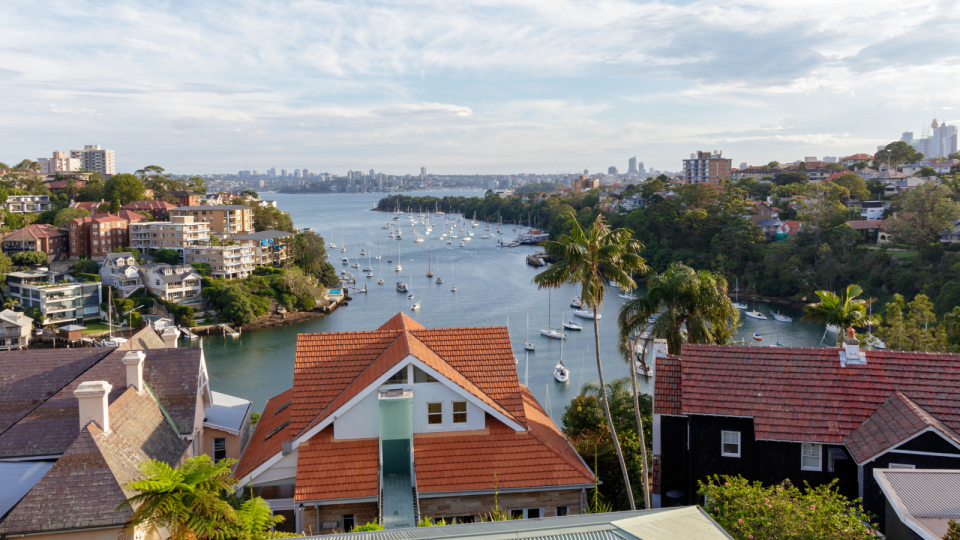 An aerial view of the NSW suburb of Mosman, looking out to the water.