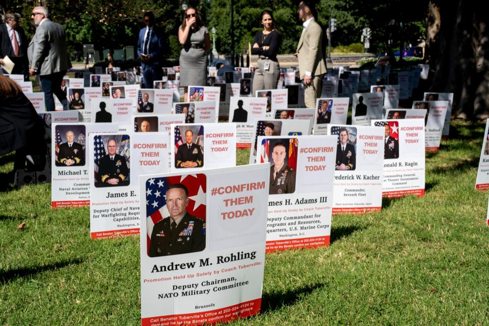 A display is seen on the Capitol grounds showing the members of the military whose promotions are being held up by Sen. Tommy Tuberville, R-Ala., in Washington, Tuesday, Sept. 19, 2023.