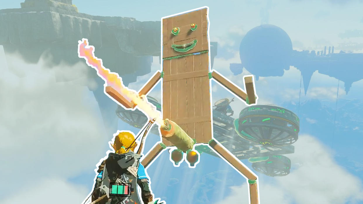  A screenshot from Zelda Tears of the Kingdom showing a bizarre wooden robot looking down at Link 
